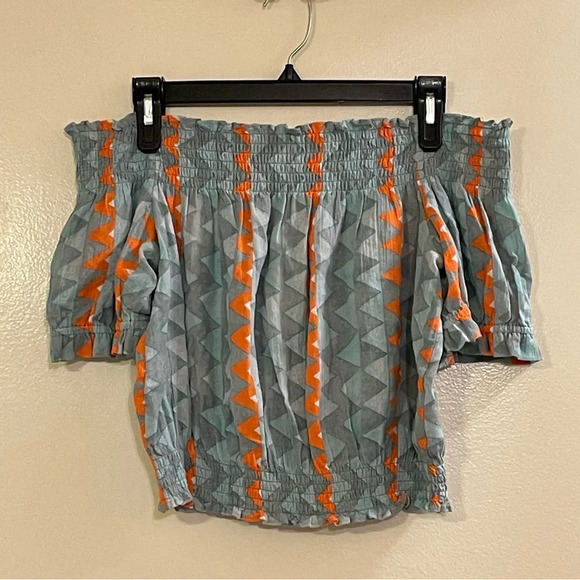 FEATHERBONE by ANTHROPOLOGIE Demetria Off the Shoulder Top in Orange Motif - Picture 4 of 8